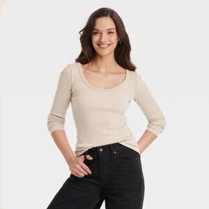 Universal Thread Beige Scoop Neck Ribbed Long Sleeve Tee- XS